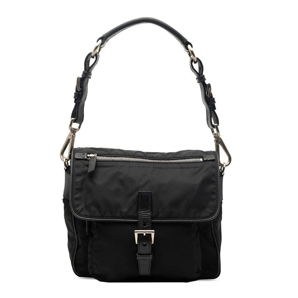 Prada Triangle Plate Vera Pocono Hobo Bag Handbag Black Tessuto Saffiano Leather